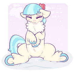 Size: 749x765 | Tagged: safe, artist:lulubell, character:coco pommel, species:earth pony, species:pony, chest fluff, cocobetes, colored hooves, cute, eyes closed, female, floppy ears, fluffy, mare, pale belly, sitting, snow, snowfall, solo, underhoof, winter coat