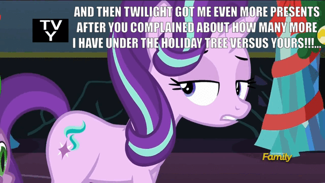 Size: 640x360 | Tagged: safe, edit, edited screencap, screencap, character:spike, character:starlight glimmer, character:twilight sparkle, character:twilight sparkle (alicorn), species:alicorn, species:pony, episode:a hearth's warming tail, g4, my little pony: friendship is magic, animated, caption, dialogue, discovery family logo, female, gif, levitation, magic, mare, telekinesis