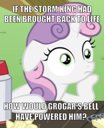 Size: 697x864 | Tagged: safe, edit, edited screencap, screencap, character:grogar, character:storm king, character:sweetie belle, species:pony, species:unicorn, episode:ponyville confidential, episode:the ending of the end, g4, my little pony: friendship is magic, my little pony: the movie (2017), bell, caption, cropped, exploitable meme, female, filly, floppy ears, grogar's bell, image macro, meme, obligatory pony, spoiler, sudden clarity sweetie belle, text, thinking