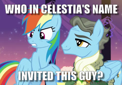 Size: 1009x707 | Tagged: safe, edit, edited screencap, screencap, character:rainbow dash, character:wind rider, episode:rarity investigates, g4, my little pony: friendship is magic, caption, cropped, duo, image macro, text