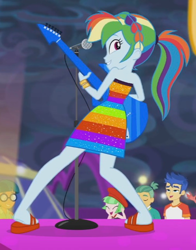 Size: 506x645 | Tagged: safe, edit, edited screencap, screencap, character:rainbow dash, equestria girls:spring breakdown, g4, my little pony: equestria girls, my little pony:equestria girls, spoiler:eqg series (season 2), all good (song), bare shoulders, clothing, cropped, dress, feet, heel pop, legs, looking back, looking over shoulder, sandals, sleeveless, strapless