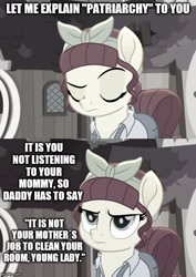 Size: 500x705 | Tagged: safe, edit, edited screencap, screencap, character:torque wrench, species:earth pony, species:pony, friendship is magic: rainbow roadtrip, g4, my little pony: friendship is magic, caption, desaturated, female, image macro, mare, solo, text