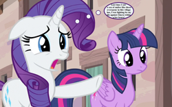 Size: 1152x720 | Tagged: safe, edit, edited screencap, screencap, character:rarity, character:twilight sparkle, character:twilight sparkle (alicorn), species:alicorn, species:pony, episode:the cutie map, g4, my little pony: friendship is magic, cropped, doctor who, implied rarity fighting a giant crab, our town, the macra terror