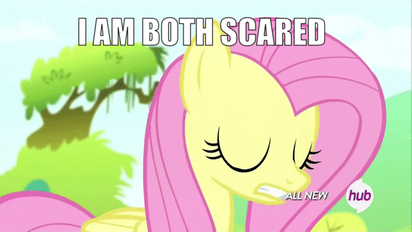 Size: 600x338 | Tagged: safe, edit, edited screencap, screencap, character:fluttershy, species:pony, episode:maud pie, g4, my little pony: friendship is magic, all new, animated, caption, cute, female, gif, hub logo, image macro, mare, reaction image, text, the hub