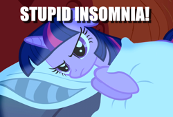 Size: 1050x712 | Tagged: safe, edit, edited screencap, screencap, character:twilight sparkle, episode:friendship is magic, g4, my little pony: friendship is magic, bed, caption, female, golden oaks library, image macro, insomnia, pillow, solo, text
