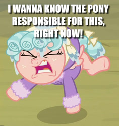 Size: 558x592 | Tagged: safe, edit, edited screencap, screencap, character:cozy glow, episode:frenemies, g4, my little pony: friendship is magic, angry, caption, clothing, cozy glow is best facemaker, cropped, female, image macro, solo, spoiled brat, tantrum, text, winter outfit