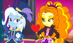 Size: 1608x944 | Tagged: safe, edit, edited screencap, screencap, character:adagio dazzle, character:trixie, ship:triagio, equestria girls:spring breakdown, equestria girls:sunset's backstage pass, g4, my little pony: equestria girls, my little pony:equestria girls, spoiler:eqg series (season 2), edited edit, female, heart, lesbian, shipping, shipping domino