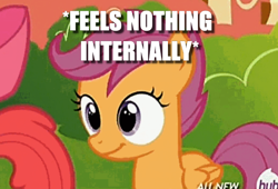Size: 586x399 | Tagged: safe, edit, edited screencap, screencap, character:scootaloo, species:pegasus, species:pony, episode:twilight time, g4, my little pony: friendship is magic, caption, cropped, dead inside, female, filly, foal, image macro, meme, offscreen character, solo focus, text, x internally