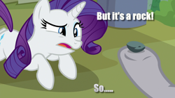Size: 1280x720 | Tagged: safe, edit, edited screencap, screencap, character:boulder, character:maud pie, character:rarity, episode:fake it 'til you make it, caption, image macro, offscreen character, text