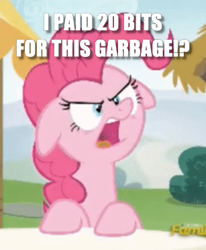Size: 307x372 | Tagged: safe, edit, edited screencap, screencap, character:pinkie pie, episode:every little thing she does, g4, my little pony: friendship is magic, caption, cropped, female, floppy ears, image macro, reaction image, solo, text, unamused
