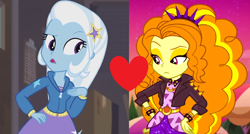Size: 2056x1100 | Tagged: safe, edit, edited screencap, screencap, character:adagio dazzle, character:trixie, ship:triagio, episode:rarity investigates: the case of the bedazzled boot, equestria girls:sunset's backstage pass, g4, my little pony: equestria girls, my little pony:equestria girls, spoiler:eqg series (season 2), female, heart, lesbian, rarity investigates (eqg): trixie, shipping, shipping domino