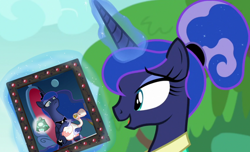 Size: 1280x780 | Tagged: safe, edit, edited screencap, screencap, character:princess luna, species:alicorn, species:bird, species:pony, episode:between dark and dawn, episode:sparkle's seven, g4, my little pony: friendship is magic, alternate hairstyle, bell, female, goose, grogar's bell, luna petting goose, mare, photo, ponytail