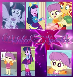Size: 1449x1532 | Tagged: safe, edit, edited screencap, screencap, character:sunset shimmer, character:twilight sparkle, episode:x marks the spot, equestria girls:equestria girls, equestria girls:forgotten friendship, equestria girls:spring breakdown, g4, my little pony: equestria girls, my little pony:equestria girls, spoiler:eqg series (season 2), clothing, cute, cutie mark, friendshipping, smiling, swimsuit, water lily (equestria girls), watersparkle