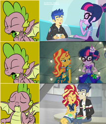 Size: 1760x2060 | Tagged: safe, edit, edited screencap, screencap, character:flash sentry, character:spike, character:sunset shimmer, character:twilight sparkle, character:twilight sparkle (scitwi), species:dragon, species:eqg human, ship:flashimmer, ship:flashlight, ship:scitwishimmer, ship:sunsetsparkle, episode:good vibes, episode:pinkie pie: snack psychic, eqg summertime shorts, equestria girls:legend of everfree, g4, my little pony: equestria girls, my little pony:equestria girls, female, hotline bling, lesbian, male, meme, op is a duck, op is trying to start shit, sciflash, shipping, straight, tongue out, winged spike