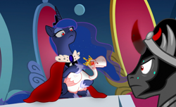 Size: 1280x780 | Tagged: safe, edit, edited screencap, screencap, character:king sombra, character:princess luna, species:alicorn, species:bird, species:pony, species:unicorn, episode:sparkle's seven, episode:the beginning of the end, g4, my little pony: friendship is magic, crown, female, goose, intimidating, jewelry, laser, laser pointer, luna petting goose, male, mare, menacing, regalia, stallion