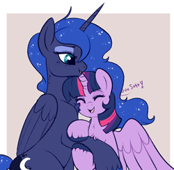 Size: 800x781 | Tagged: safe, artist:lulubell, character:princess luna, character:twilight sparkle, character:twilight sparkle (alicorn), species:alicorn, species:pony, ship:twiluna, blushing, chest fluff, eyes closed, female, freckles, lesbian, mare, nuzzling, shipping, unshorn fetlocks