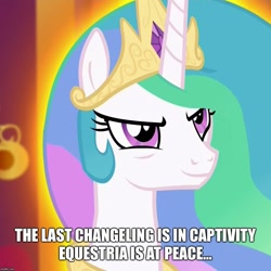 Size: 1000x1000 | Tagged: safe, edit, edited screencap, screencap, character:princess celestia, species:alicorn, species:changeling, species:pony, episode:twilight's kingdom, g4, my little pony: friendship is magic, caption, cropped, image macro, metroid, quote, smiling, smirk, super metroid, super nintendo, text, video game reference
