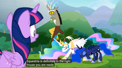 Size: 1920x1080 | Tagged: safe, edit, edited screencap, screencap, character:discord, character:princess celestia, character:princess luna, character:twilight sparkle, character:twilight sparkle (alicorn), species:alicorn, species:pony, episode:the ending of the end, g4, my little pony: friendship is magic, bowing, caption, meme, youtube caption
