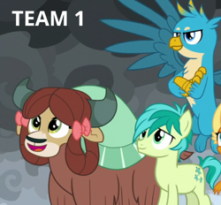 Size: 602x558 | Tagged: safe, edit, edited screencap, screencap, character:gallus, character:sandbar, character:smolder, character:yona, species:dragon, species:griffon, species:pony, species:yak, episode:the ending of the end, g4, my little pony: friendship is magic, cropped, offscreen character, quartet, text, trio focus
