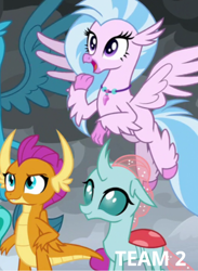 Size: 410x560 | Tagged: safe, edit, edited screencap, screencap, character:gallus, character:ocellus, character:sandbar, character:silverstream, character:smolder, species:changedling, species:changeling, species:griffon, species:hippogriff, species:reformed changeling, episode:the ending of the end, g4, my little pony: friendship is magic, cropped, cute, diaocelles, diastreamies, offscreen character, quartet, smolderbetes, text, trio focus