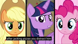 Size: 1920x1080 | Tagged: safe, edit, edited screencap, screencap, character:applejack, character:pinkie pie, character:twilight sparkle, character:twilight sparkle (alicorn), species:alicorn, species:earth pony, species:pony, episode:between dark and dawn, g4, my little pony: friendship is magic, caption, female, looking at you, mare, meme, say what, youtube caption