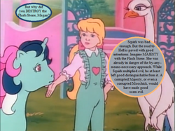 Size: 632x472 | Tagged: safe, edit, edited screencap, screencap, character:megan williams, character:pluma, episode:the ghost of paradise estate, g1, my little pony 'n friends, dialogue, implied majesty, implied moochick, implied squirk, pluma, speech bubble, tolkien