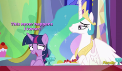 Size: 973x571 | Tagged: safe, edit, edited screencap, screencap, character:princess celestia, character:twilight sparkle, character:twilight sparkle (alicorn), species:alicorn, species:pony, episode:no second prances, g4, my little pony: friendship is magic, nervous, text