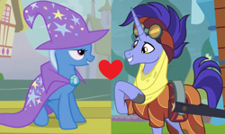 Size: 1146x684 | Tagged: safe, edit, edited screencap, screencap, character:hoo'far, character:trixie, species:pony, ship:trixfar, episode:boast busters, episode:on the road to friendship, g4, my little pony: friendship is magic, female, heart, male, shipping, shipping domino, straight