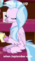 Size: 115x199 | Tagged: safe, edit, edited screencap, screencap, character:silverstream, species:hippogriff, episode:what lies beneath, g4, my little pony: friendship is magic, cropped, eyes closed, green day, notepad, picture for breezies, sitting, sleeping, sleeping in class, solo focus, song, song reference, thinking, wake me up when september ends