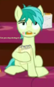 Size: 113x181 | Tagged: safe, edit, edited screencap, screencap, character:sandbar, species:earth pony, species:pony, episode:what lies beneath, g4, my little pony: friendship is magic, asking, bored, caption, cropped, fourth wall, hoof hold, looking at you, male, notepad, pencil, pencil in mouth, picture for breezies, question, shrunken pupils, sitting, solo, staring at you, staring contest, tired