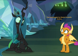 Size: 620x446 | Tagged: safe, edit, edited screencap, screencap, character:ocellus, character:queen chrysalis, character:smolder, species:changedling, species:changeling, species:dragon, episode:what lies beneath, g4, my little pony: friendship is magic, asking, caption, changeling queen, chatting, compliment, cropped, disguise, disguised changeling, duo, female, grammar error