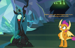 Size: 639x411 | Tagged: safe, edit, edited screencap, screencap, character:ocellus, character:queen chrysalis, character:smolder, species:changedling, species:changeling, species:dragon, ship:smolcellus, episode:what lies beneath, g4, my little pony: friendship is magic, asking, blushing, caption, changeling queen, chatting, compliment, cropped, disguise, disguised changeling, female, lesbian, questioning, shipping