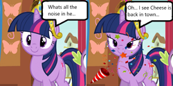 Size: 1005x499 | Tagged: safe, edit, edited screencap, screencap, character:spike, character:twilight sparkle, character:twilight sparkle (unicorn), species:pony, species:unicorn, episode:magical mystery cure, g4, my little pony: friendship is magic, big crown thingy, cropped, dialogue, element of magic, fluttershy's cottage, implied cheese sandwich, jewelry, party popper, regalia, solo focus, speech bubble, time paradox