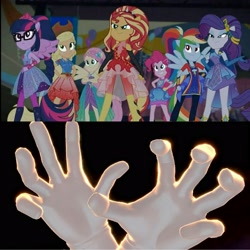 Size: 2560x2560 | Tagged: safe, edit, edited screencap, screencap, character:applejack, character:fluttershy, character:pinkie pie, character:rainbow dash, character:rarity, character:sunset shimmer, character:twilight sparkle, character:twilight sparkle (scitwi), species:eqg human, episode:cheer you on, g4, my little pony: equestria girls, my little pony:equestria girls, spoiler:eqg series (season 2), crazy hand, crossover, humane five, humane seven, humane six, master hand, nintendo, nintendo switch, ponied up, scitwilicorn, super ponied up, super smash bros., super smash bros. ultimate