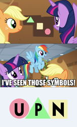 Size: 703x1155 | Tagged: safe, edit, edited screencap, screencap, character:applejack, character:rainbow dash, character:twilight sparkle, character:twilight sparkle (alicorn), species:alicorn, species:pony, episode:all bottled up, g4, my little pony: friendship is magic, circle, impact font, square, symbols, triangle, upn