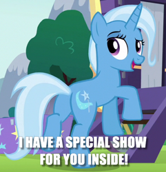Size: 474x492 | Tagged: safe, edit, edited screencap, screencap, character:trixie, species:pony, species:unicorn, episode:no second prances, g4, my little pony: friendship is magic, butt, caption, cropped, female, image macro, innuendo, mare, meme, plot, solo, text, this will end in snu snu, trixie yells at everything