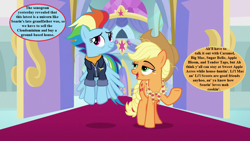 Size: 1280x720 | Tagged: safe, edit, edited screencap, screencap, character:applejack, character:rainbow dash, species:pony, episode:the last problem, g4, my little pony: friendship is magic, applejack's hat, canterlot castle, clothing, cowboy hat, dialogue, granny smith's scarf, hat, implied carajack, implied pregnancy, implied shipping, implied soarindash, implied straight, implied sugarmac, implied tenderbloom, older, older applejack, older rainbow dash, speech bubble, wonderbolts jacket