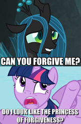 Size: 573x879 | Tagged: safe, edit, edited screencap, screencap, character:queen chrysalis, character:twilight sparkle, character:twilight sparkle (alicorn), species:alicorn, species:pony, episode:testing testing 1-2-3, episode:the ending of the end, g4, my little pony: friendship is magic, caption, image macro, open mouth, text, uvula