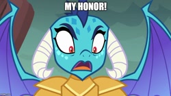 Size: 888x499 | Tagged: safe, edit, edited screencap, screencap, character:princess ember, species:dragon, episode:gauntlet of fire, g4, my little pony: friendship is magic, armor, avatar the last airbender, caption, dragoness, female, image macro, meme, open mouth, red eyes, solo, spread wings, text, wings, zuko