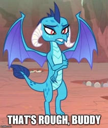Size: 500x591 | Tagged: safe, edit, edited screencap, screencap, character:princess ember, species:dragon, episode:sweet and smoky, g4, my little pony: friendship is magic, avatar the last airbender, caption, cropped, dragoness, female, image macro, meme, reaction image, solo, spread wings, text, wings, zuko