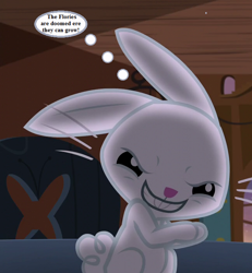 Size: 648x702 | Tagged: safe, edit, edited screencap, screencap, character:angel bunny, species:rabbit, episode:fugitive flowers, episode:scare master, g1, g4, my little pony 'n friends, my little pony: friendship is magic, animal, cropped, evil grin, fluttershy's cottage, g1 to g4, generation leap, grin, implied flories, male, smiling, solo, thought bubble