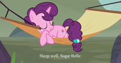 Size: 784x407 | Tagged: safe, edit, edited screencap, screencap, character:sugar belle, episode:hard to say anything, g4, my little pony: friendship is magic, cropped, cute, hammock, sleeping, sugarbetes, text, tree