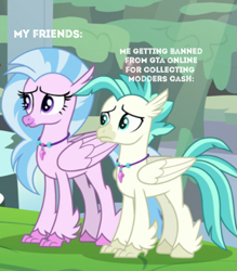 Size: 449x512 | Tagged: safe, edit, edited screencap, screencap, character:silverstream, character:terramar, species:hippogriff, species:pony, episode:student counsel, caption, cropped, gta online, meme, this will end in tears