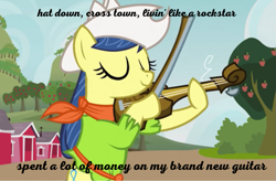 Size: 913x598 | Tagged: safe, edit, edited screencap, screencap, character:fiddlesticks, species:pony, episode:apple family reunion, g4, my little pony: friendship is magic, apple family member, clothing, cowboy hat, cowgirl, hat, lil nas x, lyrics, musical instrument, old town road, playing, playing instrument, season 3, solo, song reference, text, violin, youtube, youtube link