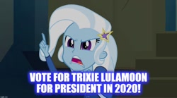 Size: 1280x714 | Tagged: safe, edit, edited screencap, screencap, character:trixie, equestria girls:rainbow rocks, g4, my little pony: equestria girls, my little pony:equestria girls, 2020, image macro, meme, text, trixie yells at everything