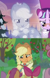 Size: 1000x1557 | Tagged: safe, edit, edited screencap, screencap, character:apple bloom, character:applejack, character:scott green, character:snowfall frost, character:starlight glimmer, character:sweetie belle, species:pony, episode:a hearth's warming tail, episode:the big mac question, g4, my little pony: friendship is magic, apple, apple tree, comparison, cropped, duckery in the description, scott green, slowpoke, spirit of hearth's warming past, sweet apple acres, tree