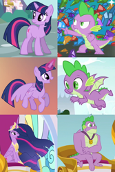 Size: 928x1392 | Tagged: safe, edit, edited screencap, screencap, character:spike, character:twilight sparkle, character:twilight sparkle (alicorn), character:twilight sparkle (unicorn), species:alicorn, species:dragon, species:pony, species:unicorn, episode:father knows beast, episode:owl's well that ends well, episode:the last problem, episode:the ticket master, episode:three's a crowd, g4, my little pony: friendship is magic, claws, collage, cropped, ethereal mane, female, gigachad spike, male, mare, medal, older, older spike, older twilight, princess twilight 2.0, ultimate twilight, winged spike