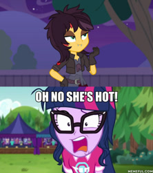 Size: 600x675 | Tagged: safe, edit, edited screencap, screencap, character:sunset shimmer, character:twilight sparkle, character:twilight sparkle (scitwi), species:eqg human, ship:scitwishimmer, ship:sunsetsparkle, episode:costume conundrum, episode:the road less scheduled, g4, my little pony: equestria girls, my little pony:equestria girls, spoiler:choose your own ending (season 2), spoiler:eqg series (season 2), caption, female, image macro, lesbian, oh no he's hot, shipping, shrunken pupils, spongebob squarepants, squilliam returns, text, vampire shimmer