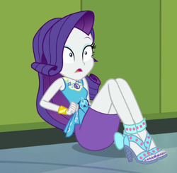 Size: 490x480 | Tagged: safe, edit, edited screencap, screencap, character:rarity, g4, my little pony: equestria girls, my little pony:equestria girls, clothing, cropped, female, geode of shielding, hallway, high heels, legs, lockers, magical geodes, miniskirt, nail polish, open-toed shoes, pencil skirt, sandals, shocked, shoes, skirt, toenail polish