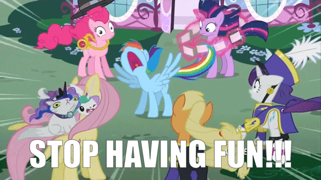 Size: 640x360 | Tagged: safe, edit, edited screencap, screencap, character:angel bunny, character:applejack, character:fluttershy, character:opalescence, character:pinkie pie, character:rainbow dash, character:rarity, character:twilight sparkle, character:twilight sparkle (alicorn), species:alicorn, species:earth pony, species:pegasus, species:pony, species:unicorn, episode:testing testing 1-2-3, g4, my little pony: friendship is magic, ancient wonderbolts uniform, angelestia, animated, back of head, caption, female, flash cards, gif, image macro, mane six, mare, no fun allowed, nose in the air, opaluna, rapper pie, sgt. rarity, speed lines, text, yelling